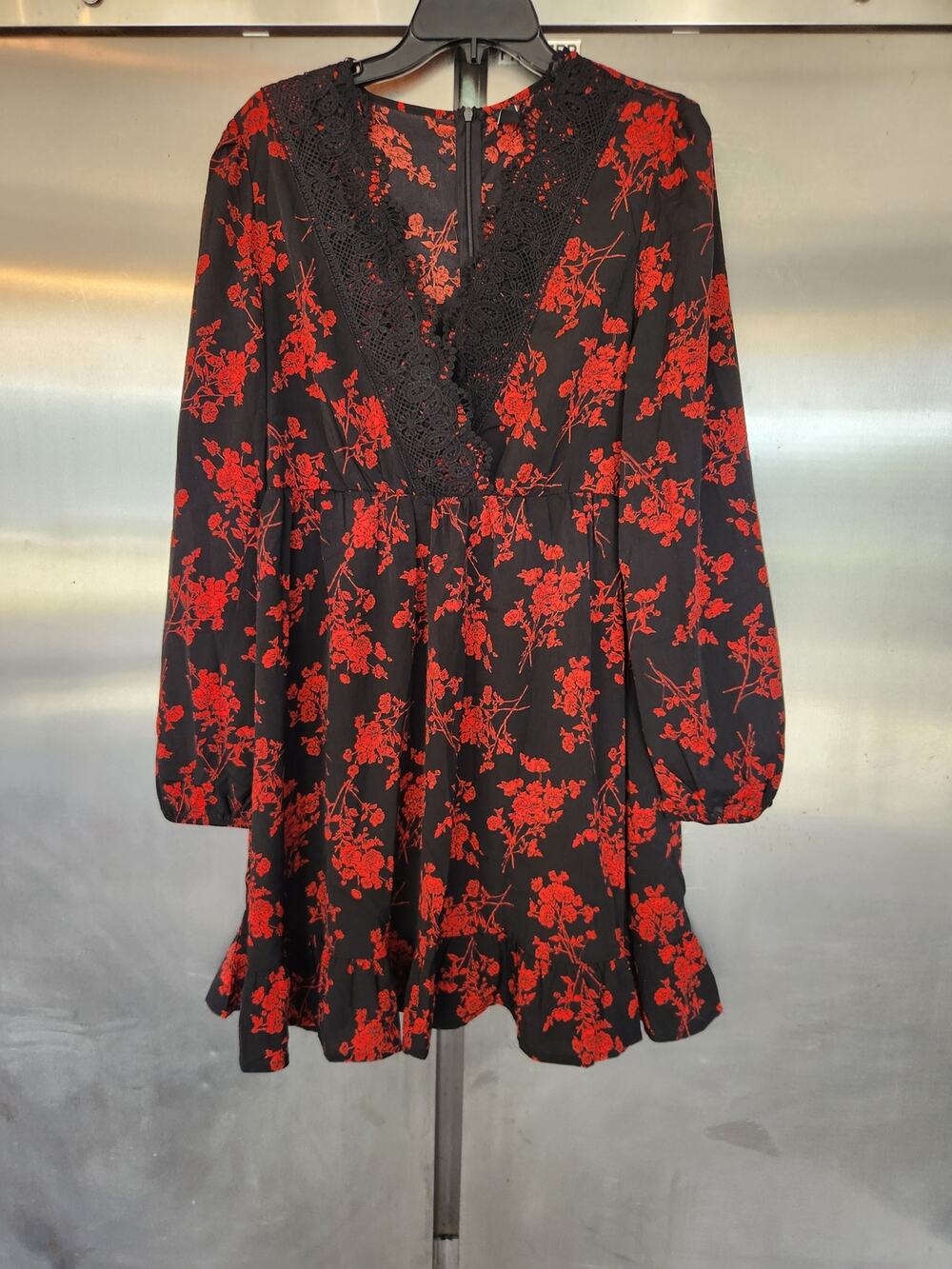 Shein Black Red Floral Print Fit and Flare Mini Dress Long Sleeve Size XL